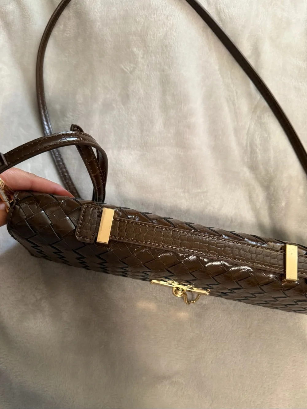 Aldo Brown Woven Leather Clutch with Gold-Tone Turn Lock